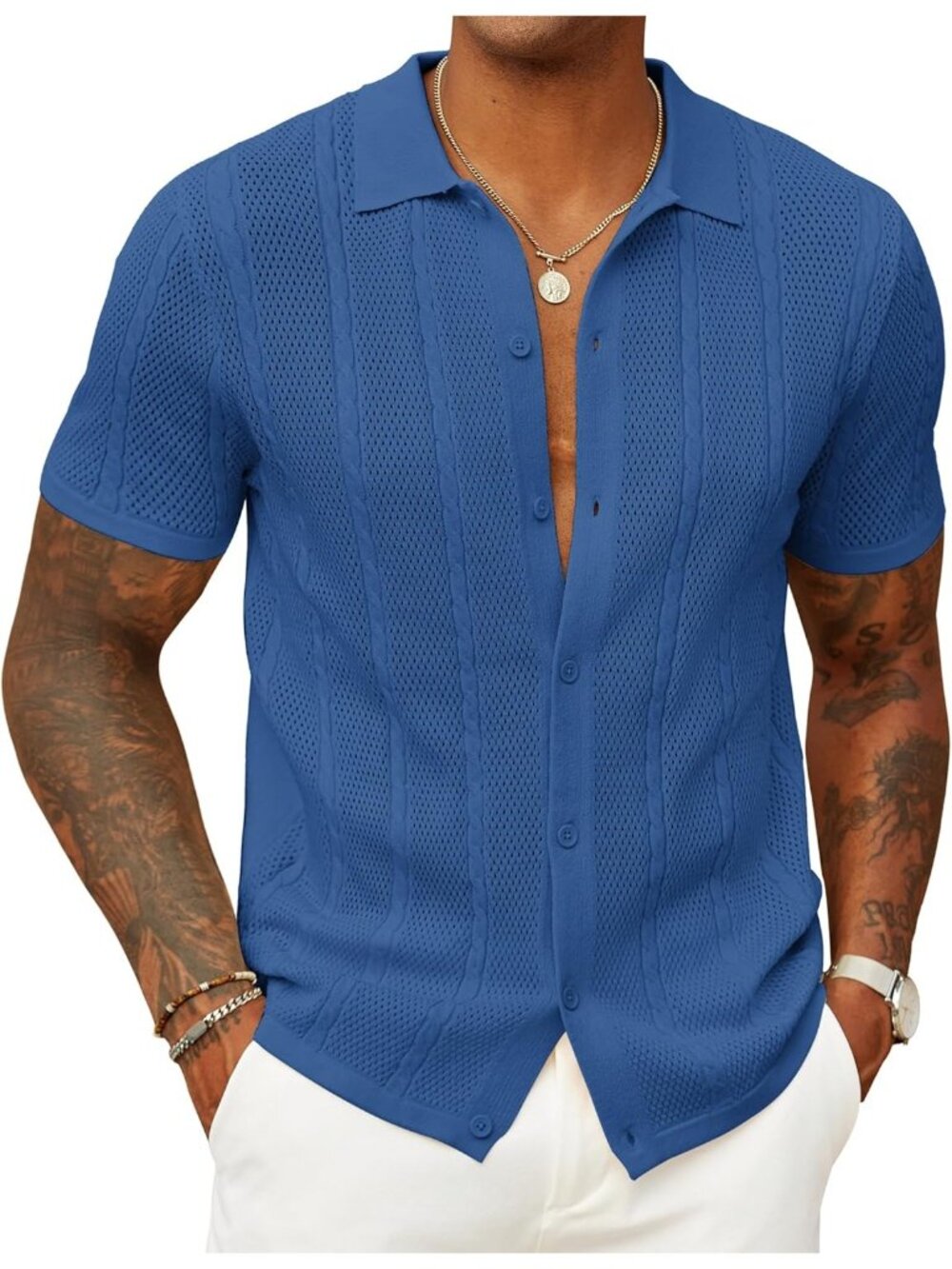 Coofandy Men's Deep Blue Pull On Vintage Short Sleeve Button Down Polo Shirts